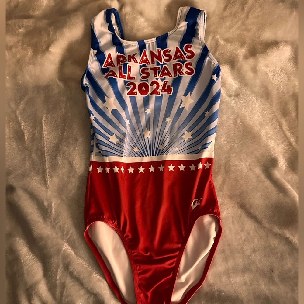 Red, white and blue gymnastics leotard